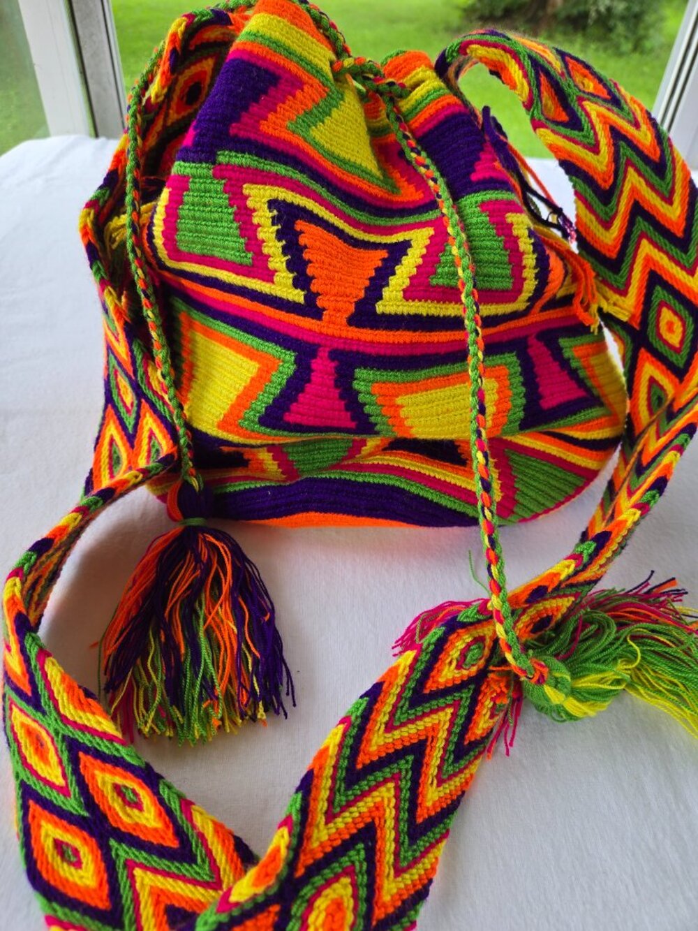 Wayuu Mochila Neon Bucket Purse Boho Chic Multicolor Pom Pom Handmade Crochet - Picture 3 of 7